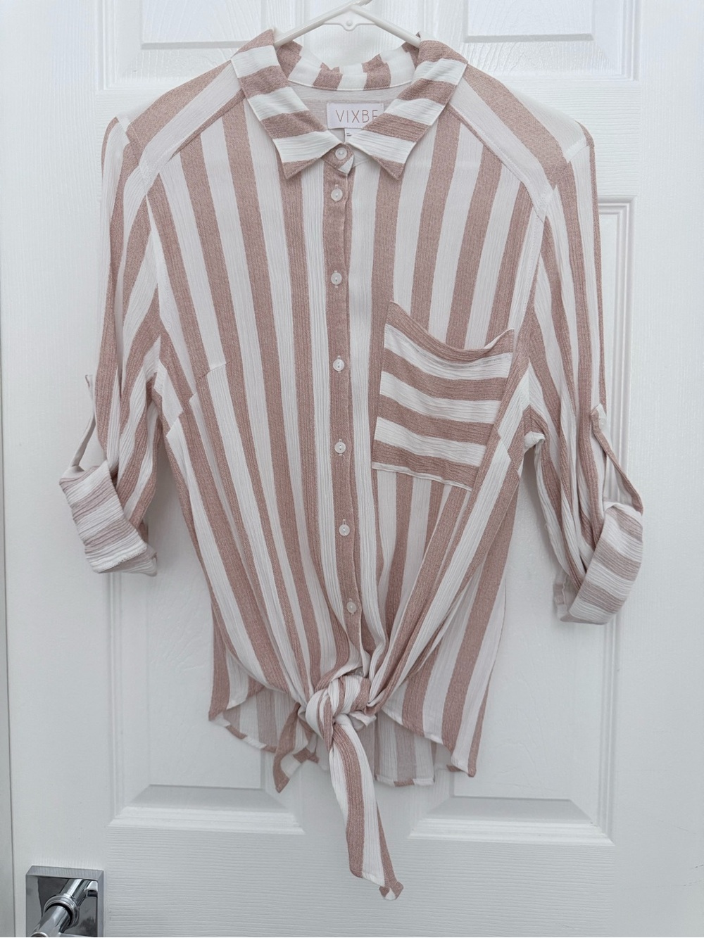 Women’s Striped Button-Down Shirt in White & Dusty Rose